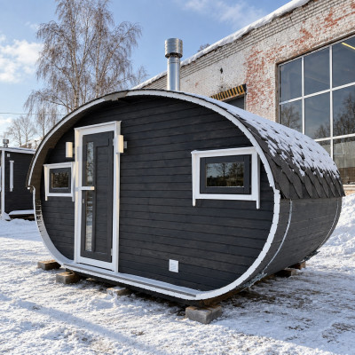 Баня овал 4x2 метра с темным фасадом