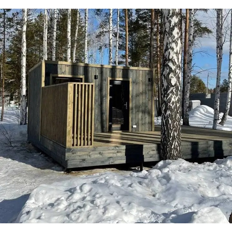 Каркасная баня 3x2,5 метра с террасой и двумя окнами