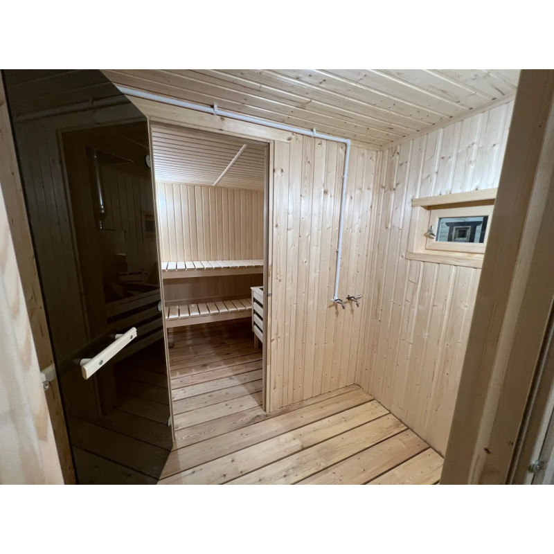 Каркасная баня 6x2,5 метра с панорамными окнами